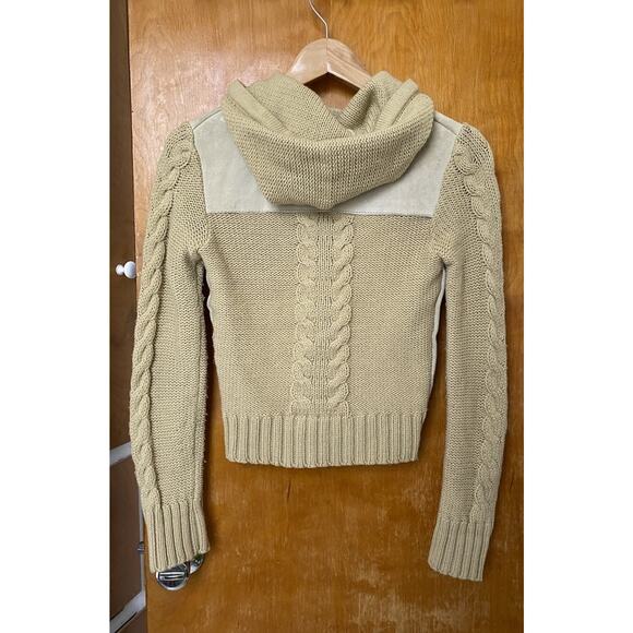 Vintage 1970s Does 30s Arpeja Cable Knit Suede Fisherman Cardigan Sweater Sz S M - Picture 3 of 9